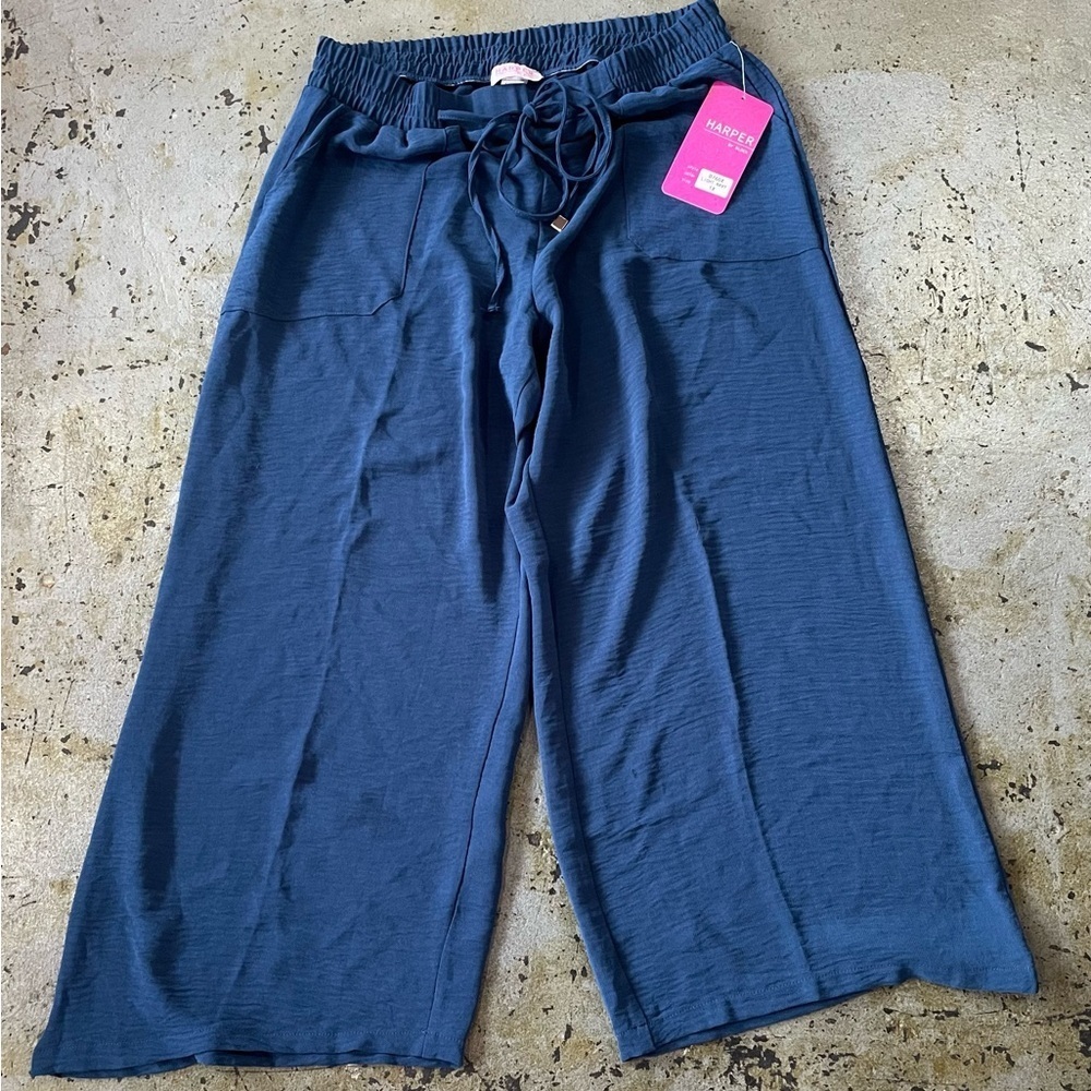 NWT Harper Navy Blue Textured Wide-Leg Pants with Elastic Drawstring Waist Sz 1x